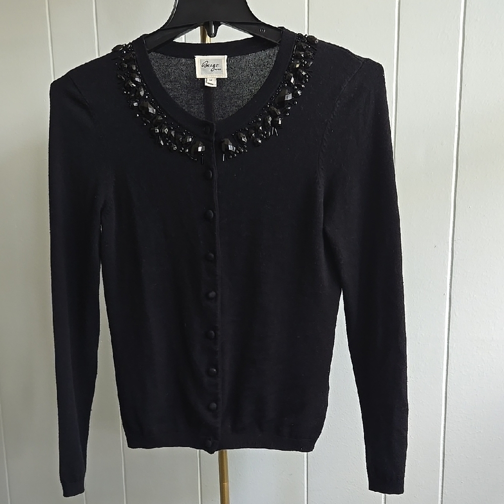 C. Wonder Black Cardigan with Beaded Neckline